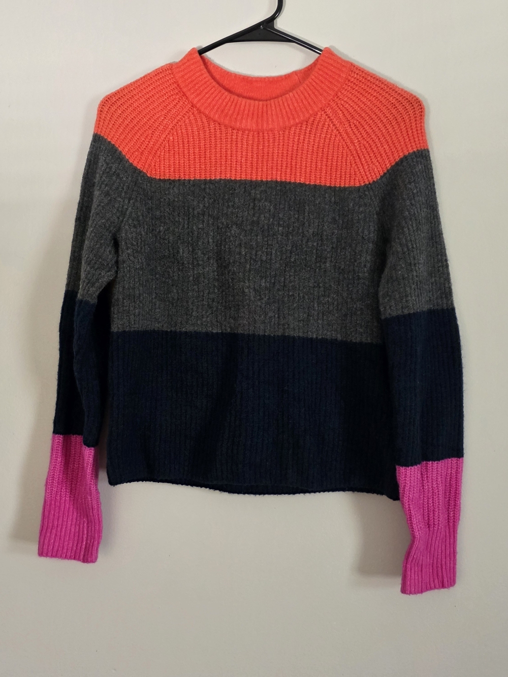 Banana Republic Neon Coral & Pink Colorblock Crewneck Sweater Wool Blend